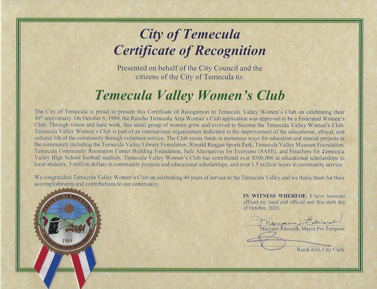 City of Temecula Certificate of Recognition Temecula Valley Womans Club